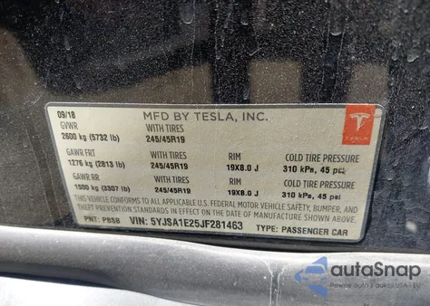 2018 Tesla Model S 100D/75D/P100D z USA, uszkodzony, nr VIN 5YJSA1E25JF281463